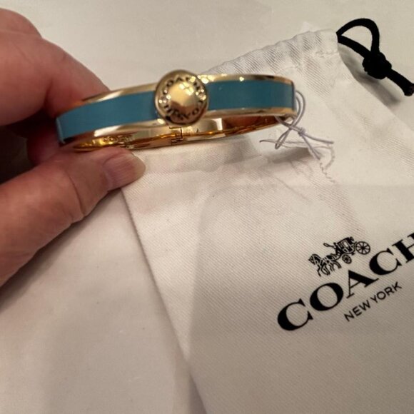 Coach Signature Gold-tone w/Blue Enamel Hinged Bangle Bracelet, Dustbag & Gift - Picture 2 of 4